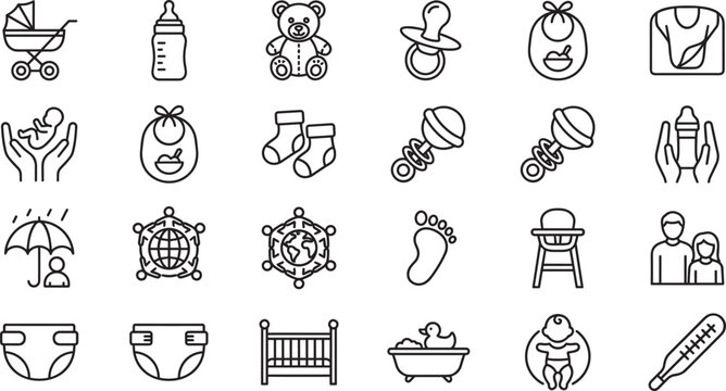 Baby care and childhood outline icon set with stroller feeding bottle teddy bear pacifier bib rattle and diaper vectors