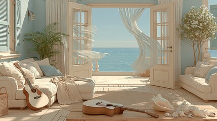 Fototapeta premium Serene Coastal Living Room with Guitars and Ocean View Through Open Doors