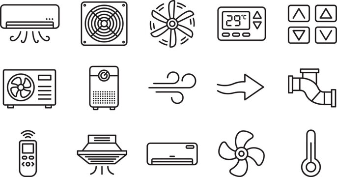 HVAC and air conditioning cooling system outline icon set with ventilator fan thermostat remote control temperature and pipe vectors
