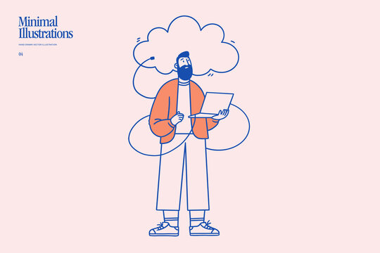 Bearded man using a laptop with a cloud behind him, symbolizing cloud computing and online services. Minimal line illustration for technology, business, apps, websites, and presentations.