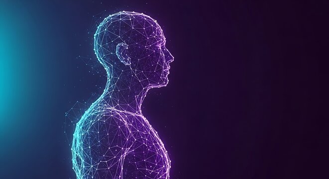 A 3D rendered human form, constructed of connected nodes, glowing blue and purple