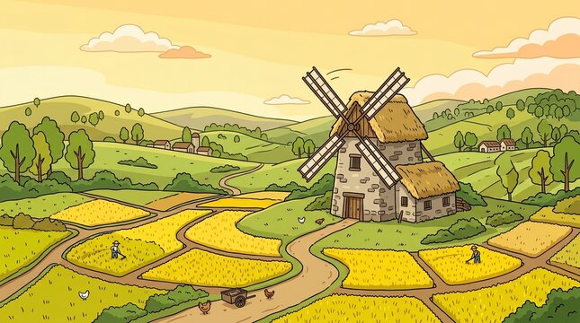 Cartoon landscape with windmill and farmers in golden wheat fields
