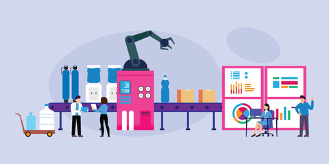 Obraz premium Automated Water Bottling Factory and Production Line with Data Analysis 2d flat vector illustration