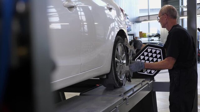 Balancing the wheels of the car at the service station. The car service technician installs a wheel adapter with a target on the wheel in order to perform a wheel alignment.