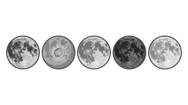 Set of Five Stylized Lunar Surface Variations Featuring Detailed Circular Moon Icons in Monochromatic Grayscale Design