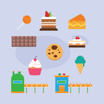 Sweet Treats and Candy Factory Production Line  Elements Set 2d flat vector illustration