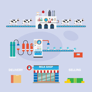 Automated dairy factory milk production line . Industrial conveyor belt system from cows to milk shop retail selling 2d flat vector illustration