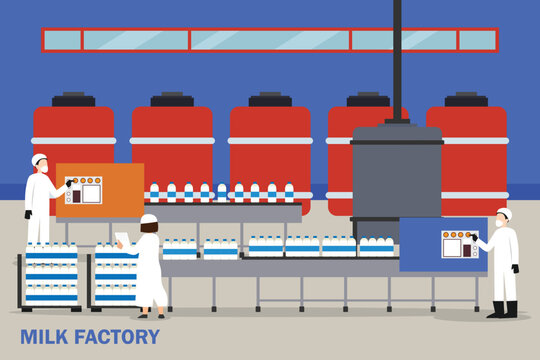 Automated milk factory production line. Industrial dairy processing plant with conveyor belt, plastic bottles, large storage tanks, and workers 2d flat vector illustration