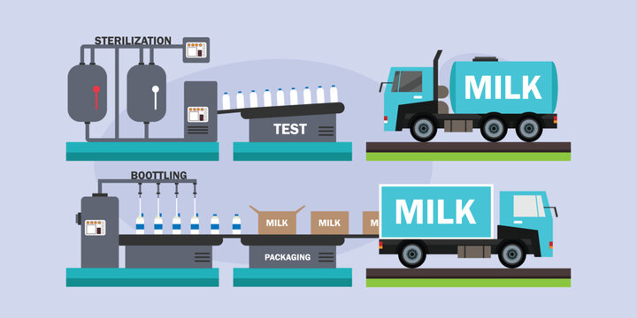 Dairy production line stages including sterilization, testing, bottling, packaging, and truck distribution 2d flat vector illustration