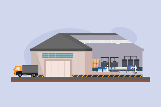 Food or beverage processing plant building with production conveyor line, storage warehouse, and delivery truck 2d flat vector illustration