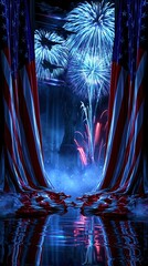 Fototapeta premium Spectacular Fourth of July Fireworks Display Over New York City with American Flags and Reflection