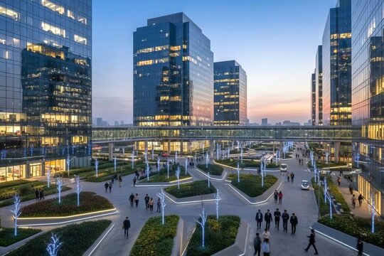 Modern Corporate Towers and High Rise Commercial Complex at Dusk illustrating Business Infrastructure and Corporate Real Estate