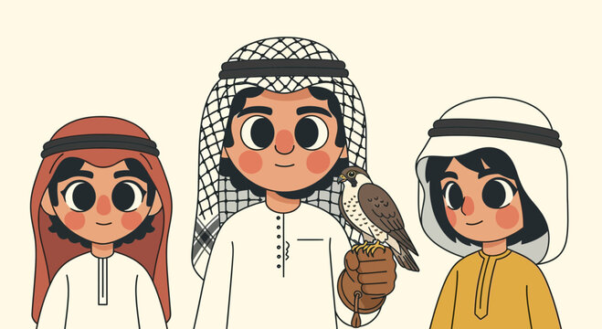 Cute Middle Eastern Boys with Falcon and Traditional Arab Clothing