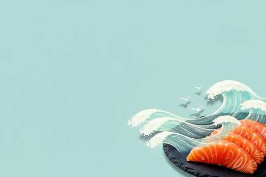 Fresh Salmon Sashimi Slices on Black Plate with Stylized Blue Ocean Waves Minimal Composition Representing Seafood Freshness