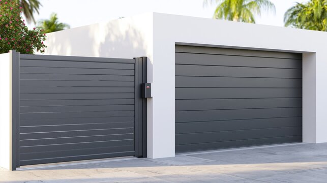Modern residential garage door and aluminum entrance gate at contemporary private house