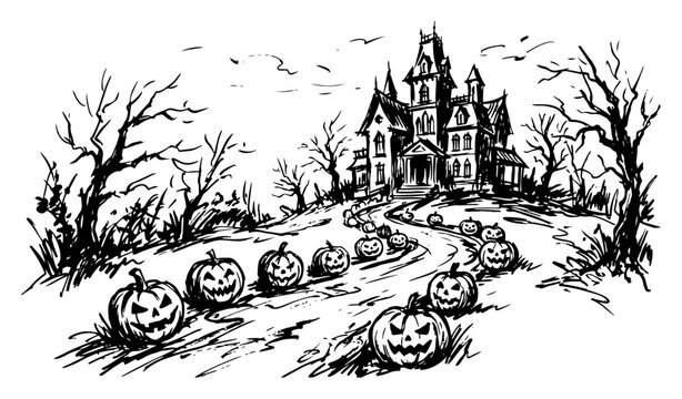 Haunted house with path of halloween pumpkins and dead trees in detailed ink sketch style