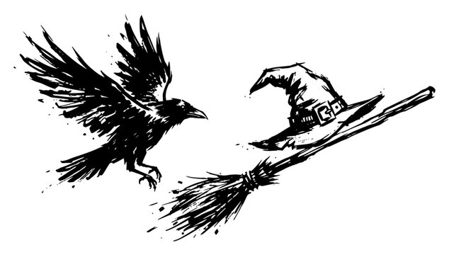 Flying raven approaching witch hat and broomstick in artistic ink sketch style
