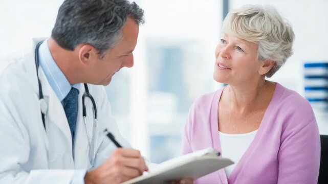 Smiling doctor talking with patient in his office. Health care concept.