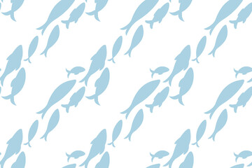 Fototapeta premium Minimalist seamless pattern featuring light blue fish silhouettes swimming diagonally across a white background. Elegant repeating coastal design for textiles, wallpaper, and wrapping paper.
