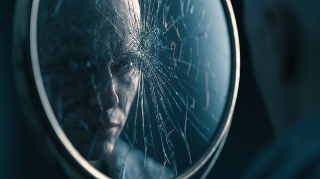 A mirror shows a cracked reflection of a figure, highlighting themes of broken identity and deep psychological struggle in a surreal setting.