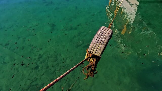 Mooring rope and old tire fender at a marina