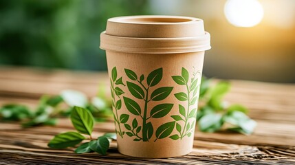 Obraz premium Eco-friendly disposable coffee cup with plant leaf design on wooden table, promoting sustainable takeaway beverage consumption