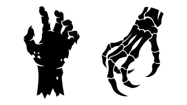 Black silhouette icons of a zombie hand and skeleton hand