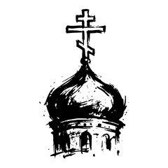 Orthodox church onion dome with cross in ink sketch style © Logan