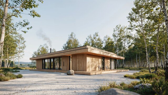 Single-story wooden cabin with flat roof in a birch forest