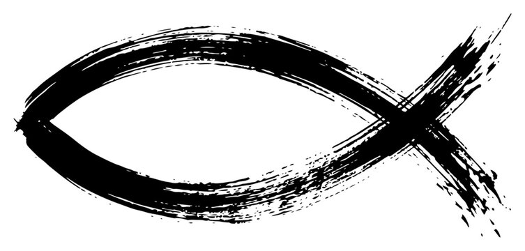 Christian ichthys fish symbol in messy ink brush stroke style