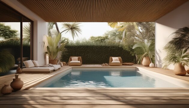 interior room with private swimming pool in backyard garden luxury hotel resort villa in boho style modern architecture tropical design 3d render