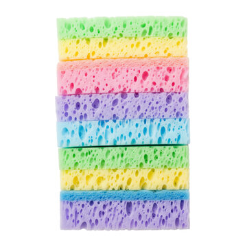 Stack of colorful sponge blocks isolated on transparent background perfect for crafting or cleaning supplies