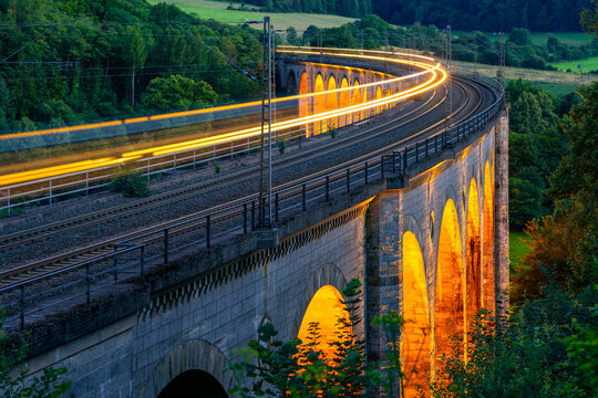 Panorama with &ldquo;Bekeviadukt&ldquo; bridge in Altenbeken Germany from 1853. Evening twilight atmosphere.