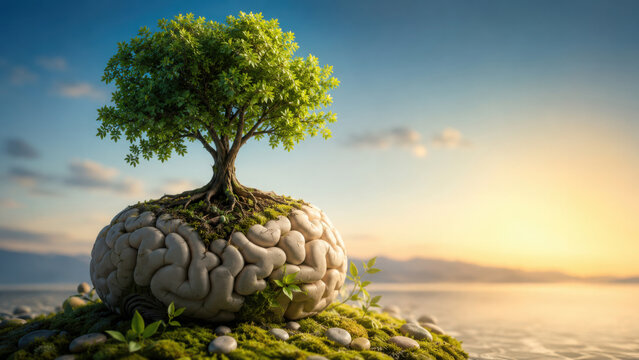 A tree grows on a brain shaped rock near a serene ocean at sunset symbolizing mental health.