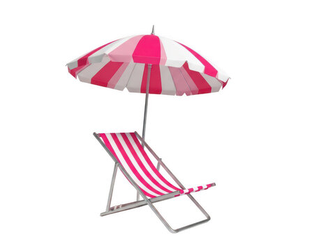 A pink and white beach chair with an umbrella isolated on transparent background