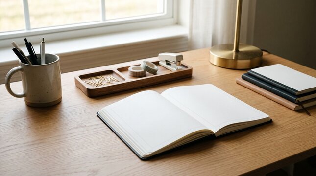study materials Desk with open notebook pens stapler and washi tape for creative work