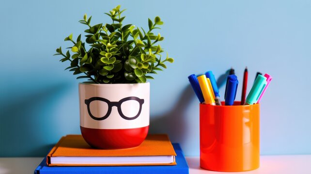Green plant in a pot with glasses print on books next to a pencil holder