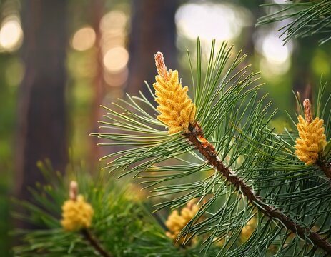 close up of pine branch with fresh yellow buds in vibrant summer forest