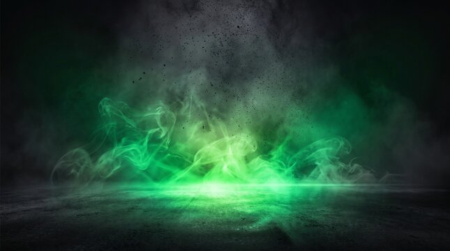 Abstract concrete floor with glowing UFO green neon light, smoke and fog effects, futuristic industrial room background featuring rough cement texture and cinematic atmosphere