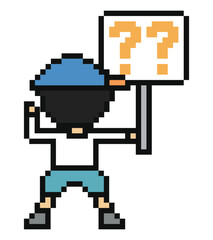 Fototapeta premium Cartoon Cute pixel man student with question mark confused think problem solving choice faq 8 bit.