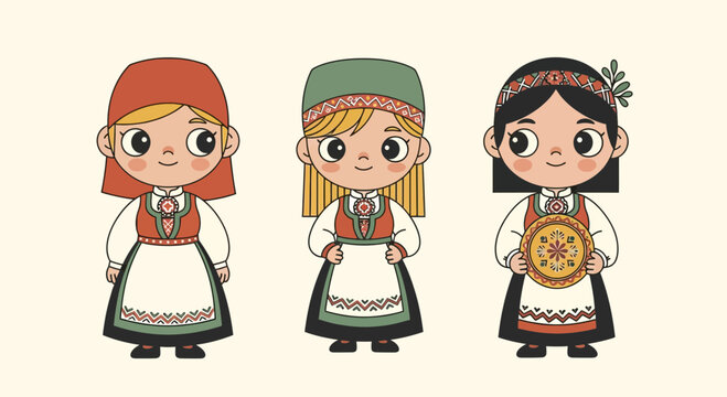 Cute Norwegian girls in traditional Bunad folk costumes vector illustration