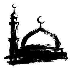 Mosque silhouette with minaret and dome in artistic black ink style © Logan