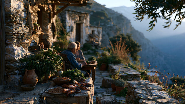 Stone terrace of a Cretan mountain village at golden hour where an elderly farmer and his daughter share a meal of lentils, grilled octopus, and wild greens, illustrating authentic Mediterranean die
