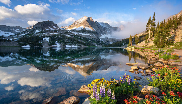 A serene mountain lake surrounded by vibrant wildflowers and snow-capped peaks under a blue sky with fluffy clouds