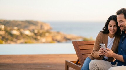 Fototapeta premium Mature couple using smartphone together on luxury pool deck with ocean view.