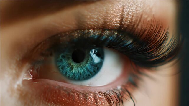 A detailed view of a person's eye showcasing the unique patterns and colors within the iris