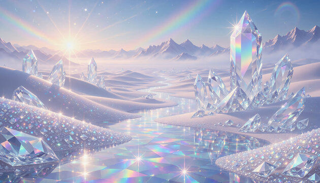A serene and vibrant landscape of a crystal-filled valley with a rainbow-colored sky and snow-capped mountains in the background.