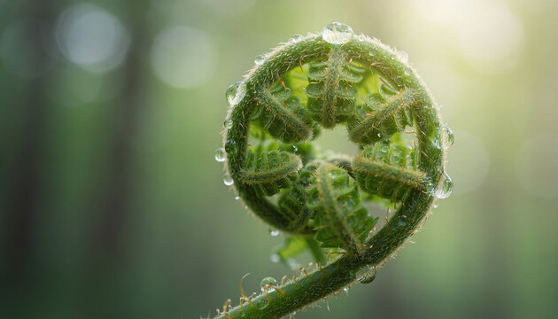 A close-up of a green fern frond curled up with dew drops on it in a natural setting.