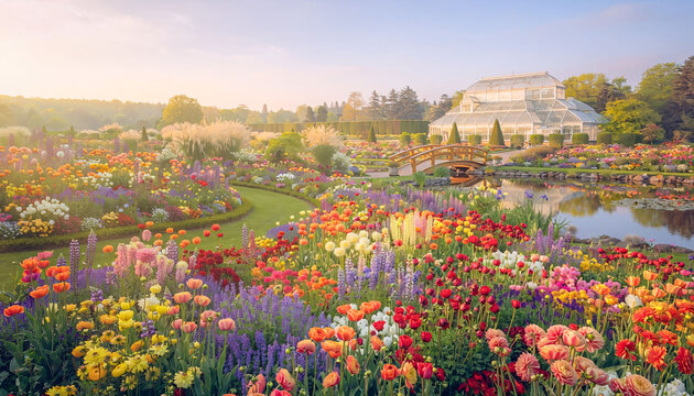 A vibrant and serene garden filled with a variety of colorful flowers and a large greenhouse in the background under a clear blue sky.