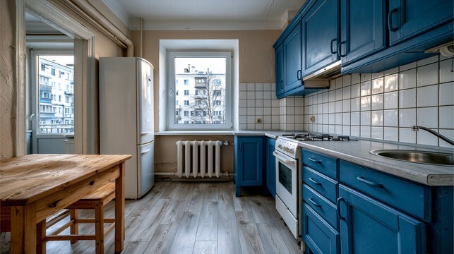 Post Soviet Apartment Kitchen With Blue Cabinets and Wooden Table